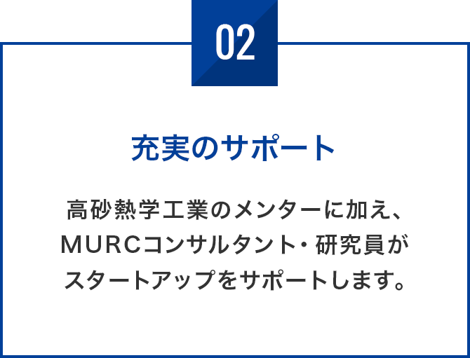 充実のサポート 高砂熱学工業のメンターに加え、MURCコンサルタント、研究員がスタートアップをサポートします。