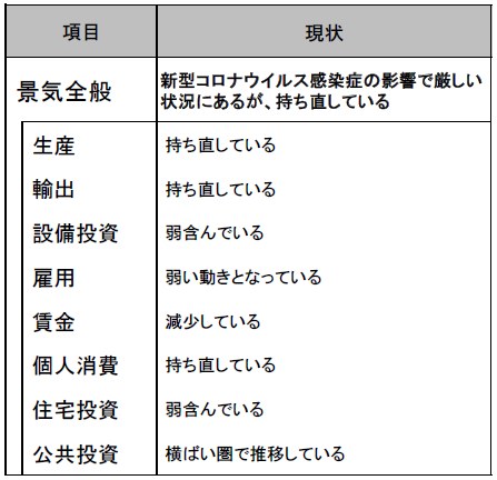 2021年1月の景気判断～新型コロナウイルス感染症の影響で厳しい状況にあるが、持ち直している